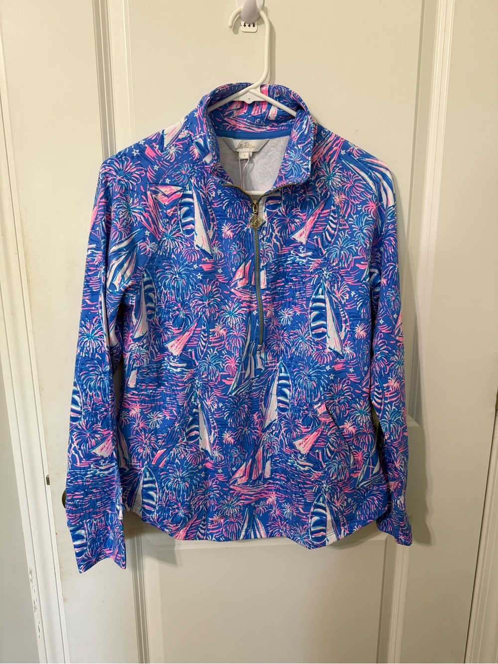 Lilly Pulitzer Skipper sailboat Blue & Pink Print Quarter-Zip Jacket NWT